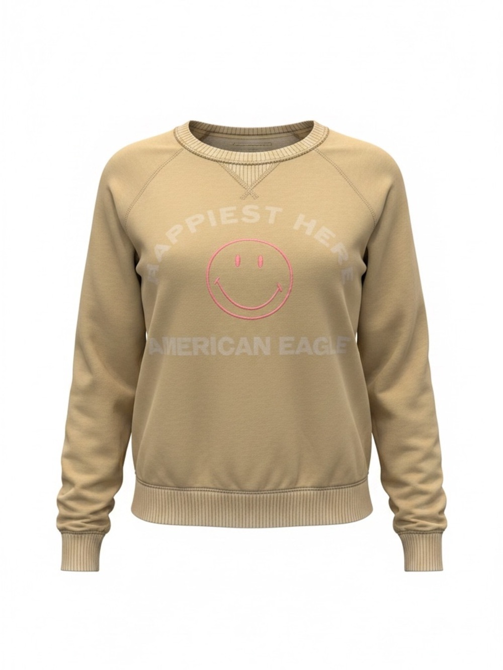 American Eagle Outfitters Tan Crewneck Sweatshirt with Pink Smiley- Size Small